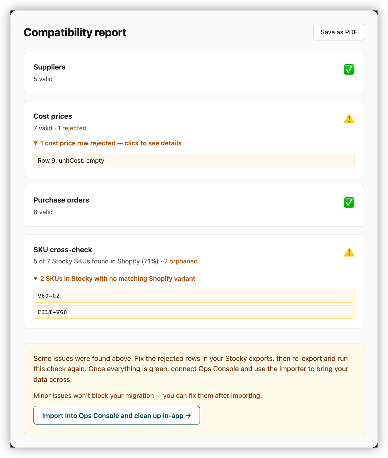 Stocky compatibility report: suppliers, cost prices and purchase orders each validated, with one flagged cost-price row and a SKU cross-check showing 5 of 7 SKUs matched and 2 orphaned